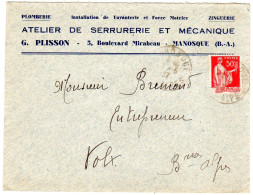 1937  " G PLISSON  Atelier De Serrurerie 5 Bd Mirabeau à MANOSQUE "  Envoyée à VOLX 04 - Cartas & Documentos