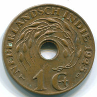 1 CENT 1945 D INDES ORIENTALES NÉERLANDAISES INDONÉSIE INDONESIA Bronze Colonial Pièce #S10406.F.A - Indes Néerlandaises