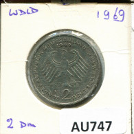 2 DM 1969 J K.ADENAUER WEST & UNIFIED GERMANY Coin #AU747.U.A - 2 Marcos