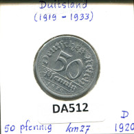 50 PFENNIG 1920 D DEUTSCHLAND Münze GERMANY #DA512.2.D.A - 50 Renten- & 50 Reichspfennig