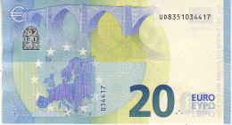 (Billets). 20 Euros 2015 Serie UD, U013C5, N° UD 8351034417,  Signature 3 Mario Draghi UNC - 20 Euro