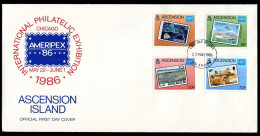 Ascension 394-397 FDC.Michel 403-406. AMERIPEX-1986.Stamp On Stamp.Space,Ship, - Ascensión