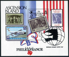 Ascension 473, MNH. Mi Bl.19. PHILEXFRANCE-1989. Statue Of Liberty, Ships,Plane, - Ascensione