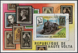 Burkina Faso 505,CTO.Michel 759 Bl.53. Sir Rowland Hill,1979.Trains.Stamps. - Burkina Faso (1984-...)