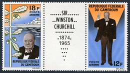 Cameroun C55-C56a Pair/label,MNH. Winston Churchill,1965. Battleship, Oak Leaves - Camerun (1960-...)