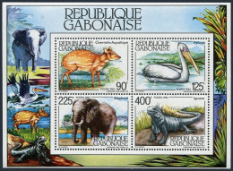 Gabon 534a,MNH.Michel Bl.49. Wildlife 1983.Musk Deer,Pelican,Elephant,Iguana. - Gabon