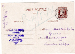 1946  Entier Mazelin 2,50f   Sur CAD De MONTELIMAR  Envoyée à MANOSQUE - Cartes Postales Repiquages (avant 1995)