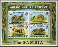 Gambia 344a, MNH. Mi Bl.2. WWF 1976. Abuko Nature Reserve: Serval Cat, Antelope, - Gambia (1965-...)