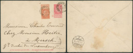 EP Au Type Env. 10ctm Rouge + N°57 Obl Simple Cercle "Bruxelles (palais De Justice)" > Mersch (Gd. Luxembourg) / Tarif ! - 1893-1900 Fijne Baard