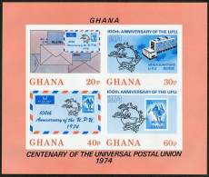Ghana 515A Imperf Sheet, MNH. UPU-100, 1974. Envelopes, Cape Hare. Headquarters. - Prematasellado