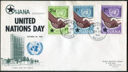 Ghana 36-38, FDC.Michel 36-38. United Nation Day 1958.Hands,UN Emblem. - Preobliterati