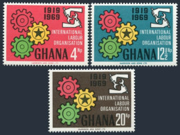 Ghana 375-377, 377a, MNH. Michel 386-388, Bl.37. ILO 50th Ann. 1970. Cogwheels. - Precancels