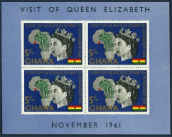 Ghana 109a Sheet, MNH. Michel Bl.6. Queen Elizabeth II, Visit 1961. Map, Palm. - Precancels