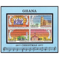 Ghana 637 Ad Sheet, MNH. Michel 724-727 Bl.73. Christmas 1977. Cathedral, Song. - Prematasellado