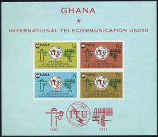 Ghana 207a Sheet,MNH Slightly Folded.Michel Bl.17. ITU-100,1965.Emblem,flag. - Préoblitérés