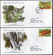 Ghana 621-624 FDC. Mi 702-705. WWF 1977. Colobus, Squirrel, Wild Dog, Manatee. - Prematasellado