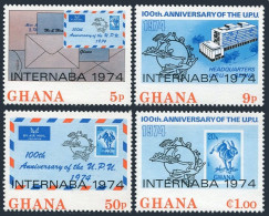 Ghana 521-524, MNH. Mi 555-559. UPU-100 Overprinted INTERNABA 1974. Envelopes,  - Préoblitérés