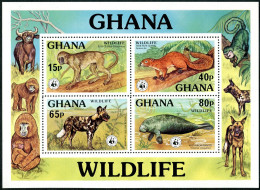Ghana 625 Ad Sheet, MNH. Mi Bl.71. WWF 1977. Colobus, Squirrel.Wild Dog,Manatee. - VorausGebrauchte