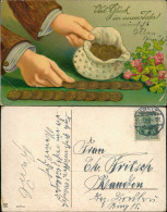 Neujahr Sylvester New Year Beutel Mit Münzen Kleeblätter 1909 Prägekarte - Autres & Non Classés