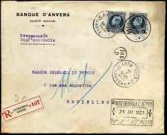 Aangetekende Brief Naar Bruxelles - Banque D'Anvers SA - Banque Générale De Dépots, Succursale De Bruxelles" - 1921-1925 Kleine Montenez