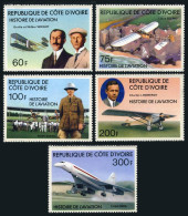 Ivory Coast 434-438,439,MNH. Aviation,1977.Aviators,aircraft,Concorde,Lindbergh. - Costa D'Avorio (1960-...)