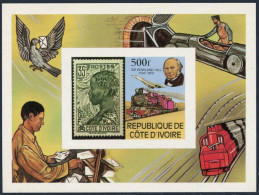 Ivory Coast 519 Imperf, MNH. Mi Bl.14B. Rowland Hill,1979.Train,Concorde,Pigeon. - Costa D'Avorio (1960-...)