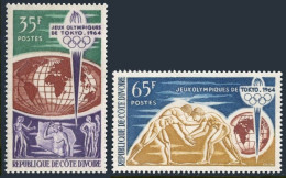 Ivory Coast 215-216, MNH. Mi 269-270. Olympics Tokyo-1964. Athletes, Wrestling. - Ivoorkust (1960-...)