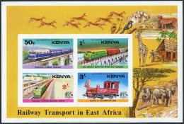 Kenya 67a Imperf, MNH. Mi Bl.3B. Railway Transport, 1976. Elephants, Giraffe, - Kenya (1963-...)