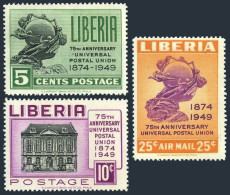Liberia 330-331,C67,MNH. Mi 429A-431A. UPU-75, 1949. Monument, UPU Headquarters. - Liberia