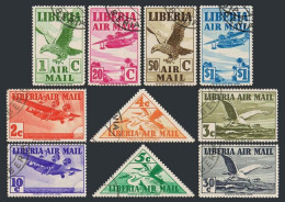 Liberia C4-C13, CTO. Michel 298-307. Airmail 1938. Eagle, Egrets, Planes. - Liberia