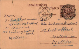 India Postal Stationery Horse 6p To Nellore - Cartes Postales