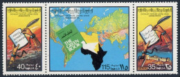 Libya 707 Ac Strip, MNH. Michel 621-623. The Green Book, 1977. World Map, Dove. - Libië
