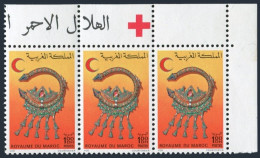 Morocco 409 Strip/3 Corner Margin,MNH.Mi 877. Red Crescent Society,1977.Brooch. - Marruecos (1956-...)