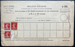 3X 10c SEMEUSE NEUFS SUR BULLETIN D'EPAGNE POSTES ET TELEGRAPHES N°94 - Documents Of Postal Services