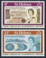 St Helena 293-294, MNH. Mi 280-281. St Helena Bank Notes, 1975. Landscapes,Ship. - Saint Helena Island