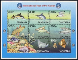 Tanzania 1734, MNH. Year Of The Ocean IYO-1998. Common Dolphin.Fish.Shark.Turtle - Tanzania (1964-...)