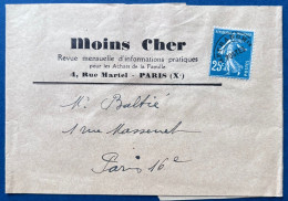 Bande Imprimée De PARIS Mensuel " Moins Cher " Préoblitéré Semeuse N°56 25c Bleu Pour PARIS TTB - 1893-1947