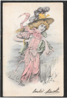 Femme , Chapeau Plume, Rubans Au Vent - Illustration LOUISE VAN PARYS - Other & Unclassified