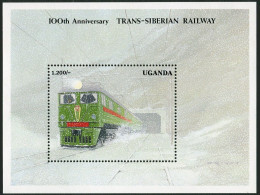 Uganda 979 Sheet,MNH.Mi Bl.155. Trans-Siberian Railway, 100, 1992. Locomotive. - Oeganda (1962-...)