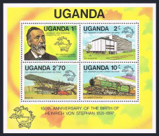 Uganda 313a Sheet,MNH.Ml Bl.26. Heinrich Von Stephan-150,1981.UPU.Airplane,Train - Oeganda (1962-...)