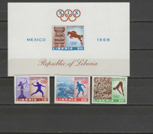 Liberia 1968 Olympic Games Mexico, Equestrian, Javelin, Athletics, High Jump Set Of 3 + S/s Imperf. MNH -scarce- - Sommer 1968: Mexico