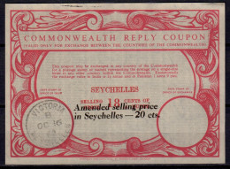SEYCHELLES  Co9 AMENDED SELLING PRICE 20 CTS. / 18 CENTS Commonwealth Reply Coupon Reponse Antwortschein IRC IAS O VICTO - Seychellen (1976-...)
