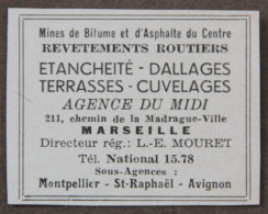 Publicité : Mines De Bitume Et D'Asphalte Du Centre, Agence Du Midi, Marseille, 1951 - Publicités