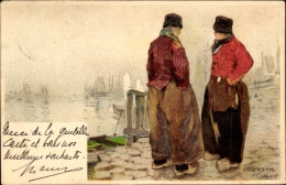 Artiste Lithographie Cassiers H., Volendam Nordholland Niederlande, Hafen, Zwei Männer - Autres & Non Classés