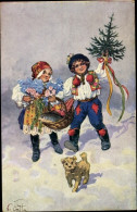 Artiste CPA Cutta, V., Glückwunsch Weihnachten, Kinder In Tracht, Hund, Tannenbaum - Sonstige & Ohne Zuordnung