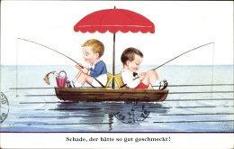 Artiste CPA Wills, John, Zwei Jungen Mit Angeln In Einem Boot, Sonnenschirm - Other & Unclassified