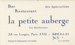 Bar Restaurant La Petite Auberge   Paris 17 Eme - Cartes De Visite