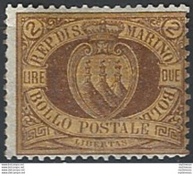 1894 San Marino Stemma Lire 2 Bruno/giallo Mc MNH Sassone N. 21a - Other & Unclassified