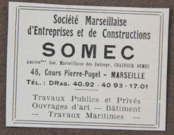 Publicité : SOMEC Société Marseillaise D'Entreprises Et De Constructions, Marseille, 1951 - Publicités