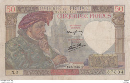 50 Francs   Jacques Coeur -1941  - X 150  Ce Billet A Circulé   Vendu En L'etat - 50 F 1940-1942 ''Jacques Coeur''